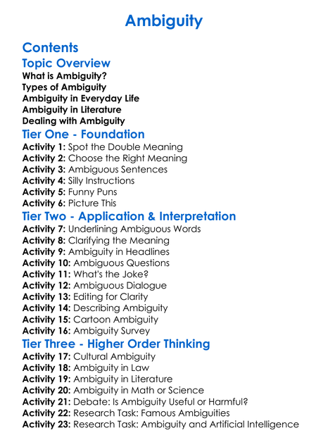 Ambiguity Worksheet Activity Booklet