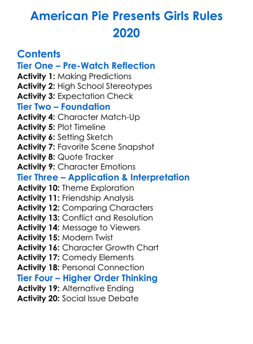 American Pie Presents Girls Rules 2020 Worksheet Activity Booklet