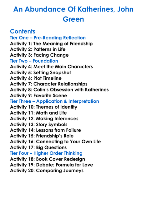 An Abundance Of Katherines John Green Worksheet Activity Booklet