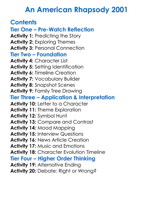 An American Rhapsody 2001 Worksheet Activity Booklet