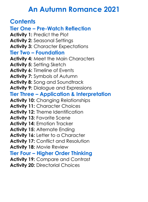 An Autumn Romance 2021 Worksheet Activity Booklet