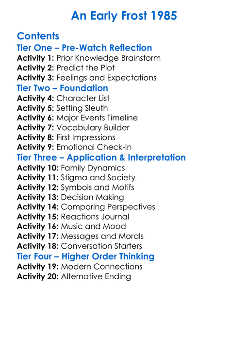 An Early Frost 1985 Worksheet Activity Booklet