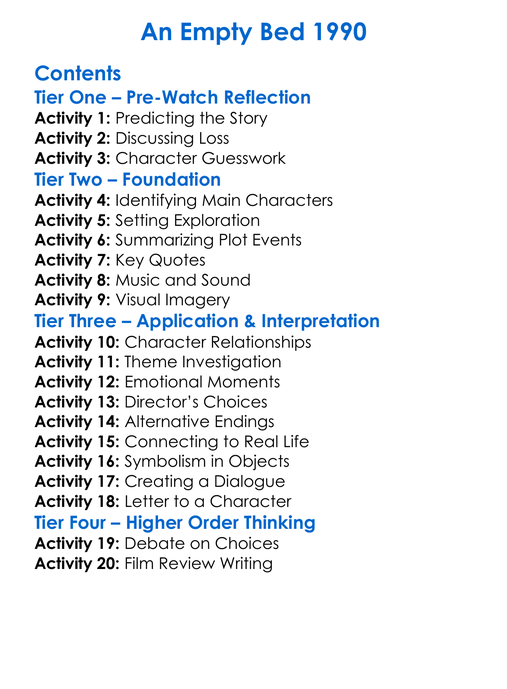 An Empty Bed 1990 Worksheet Activity Booklet