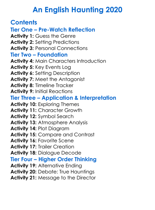 An English Haunting 2020 Worksheet Activity Booklet