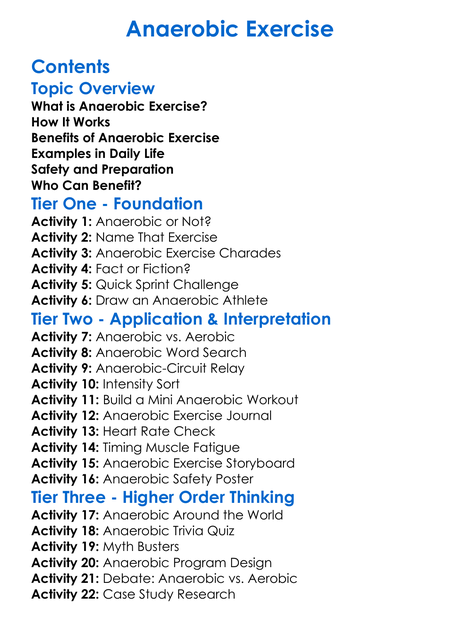 Anaerobic Exercise Worksheet Activity Booklet