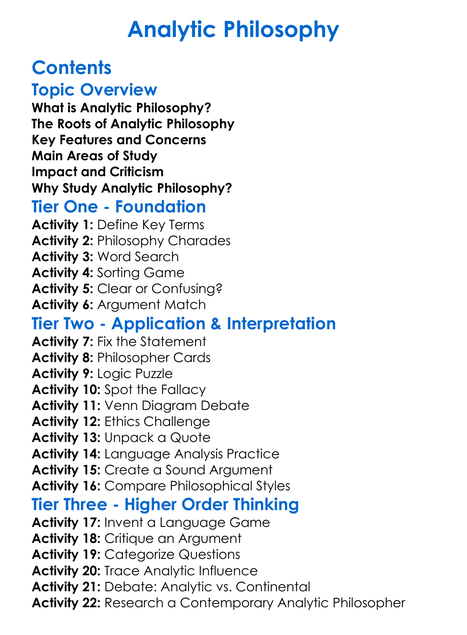 Analytic Philosophy Worksheet Activity Booklet