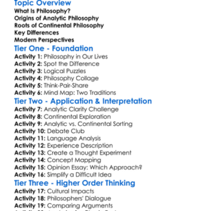 Analytic Vs Continental Philosophy Worksheet Activity Booklet