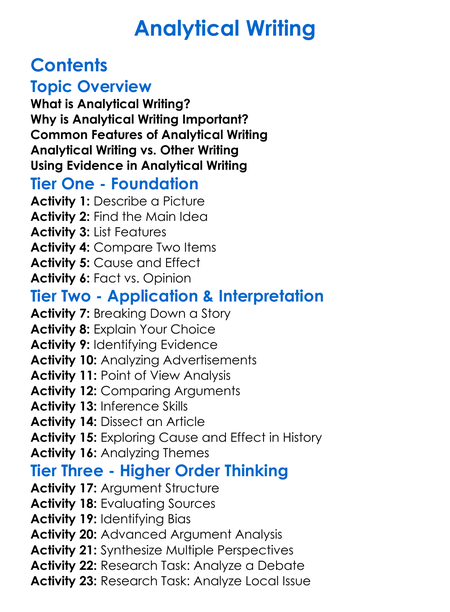 Analytical Writing Worksheet Activity Booklet
