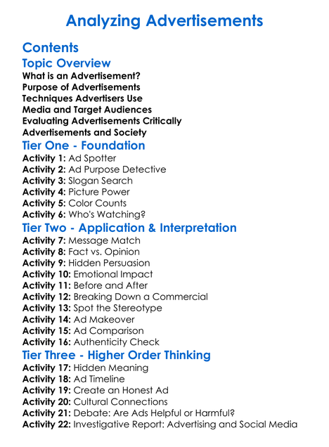 Analyzing Advertisements Worksheet Activity Booklet