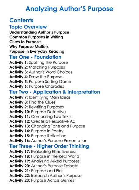 Analyzing Authors Purpose Worksheet Activity Booklet