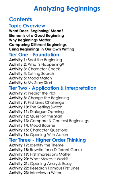 Analyzing Beginnings Worksheet Activity Booklet