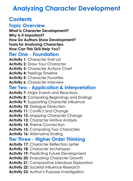 Analyzing Character Development Worksheet Activity Booklet