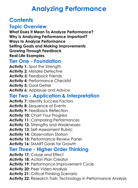 Analyzing Performance Worksheet Activity Booklet