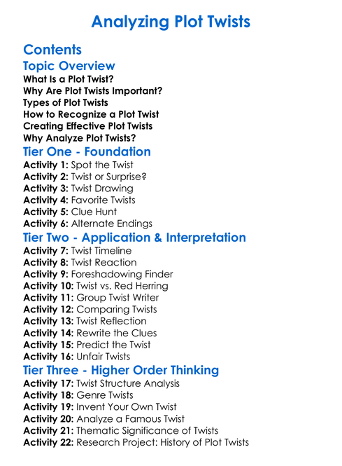 Analyzing Plot Twists Worksheet Activity Booklet