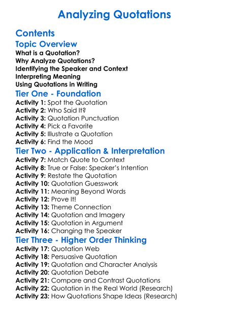 Analyzing Quotations Worksheet Activity Booklet