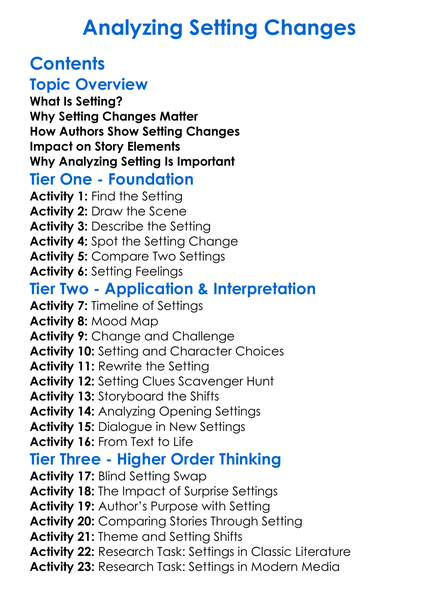 Analyzing Setting Changes Worksheet Activity Booklet