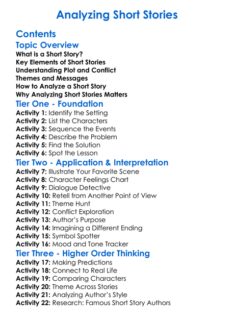 Analyzing Short Stories Worksheet Activity Booklet