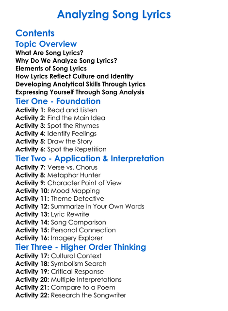 Analyzing Song Lyrics Worksheet Activity Booklet