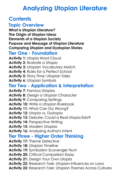 Analyzing Utopian Literature Worksheet Activity Booklet