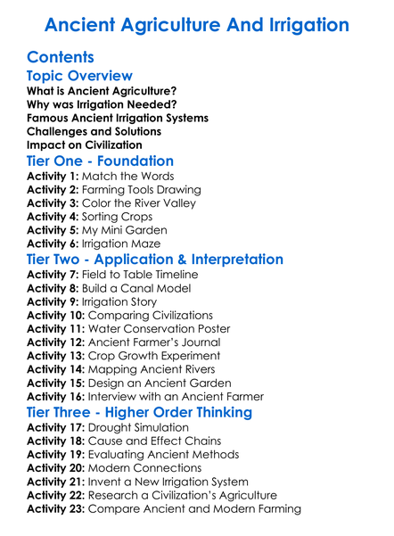 Ancient Agriculture And Irrigation Worksheet Activity Booklet