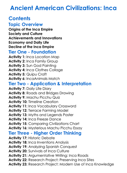 Ancient American Civilizations Inca Worksheet Activity Booklet