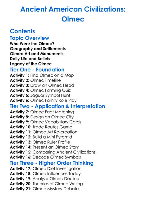 Ancient American Civilizations Olmec Worksheet Activity Booklet