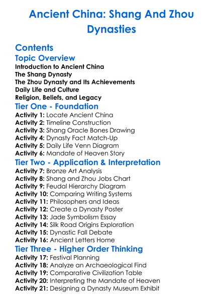 Ancient China Shang And Zhou Dynasties Worksheet Activity Booklet