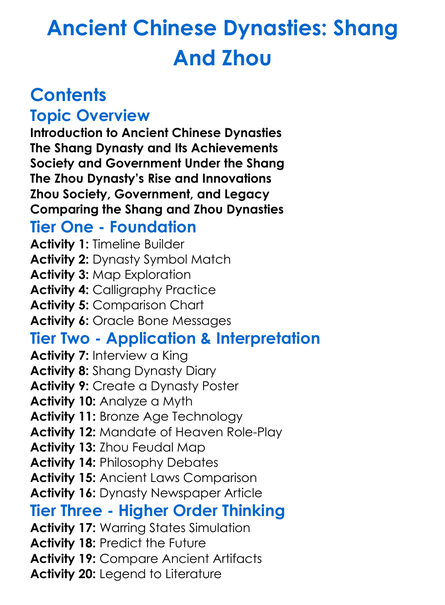 Ancient Chinese Dynasties Shang And Zhou Worksheet Activity Booklet