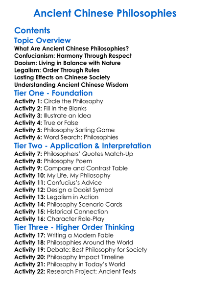 Ancient Chinese Philosophies Worksheet Activity Booklet