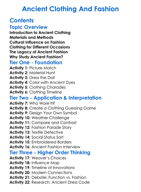 Ancient Clothing And Fashion Worksheet Activity Booklet