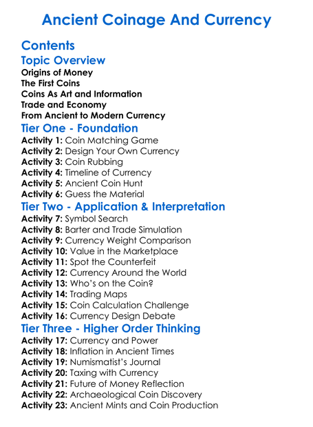 Ancient Coinage And Currency Worksheet Activity Booklet