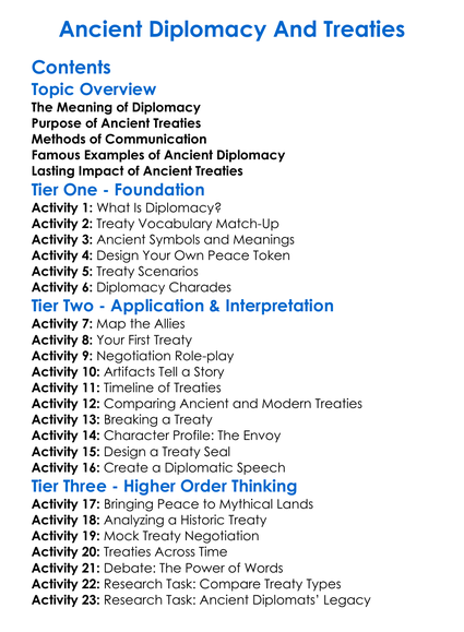 Ancient Diplomacy And Treaties Worksheet Activity Booklet