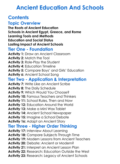 Ancient Education And Schools Worksheet Activity Booklet