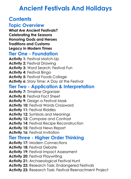 Ancient Festivals And Holidays Worksheet Activity Booklet