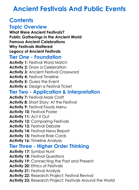 Ancient Festivals And Public Events Worksheet Activity Booklet