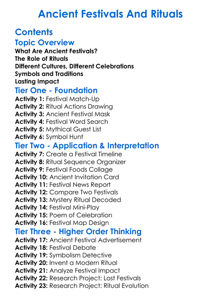 Ancient Festivals And Rituals Worksheet Activity Booklet