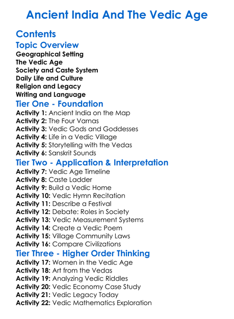 Ancient India And The Vedic Age Worksheet Activity Booklet