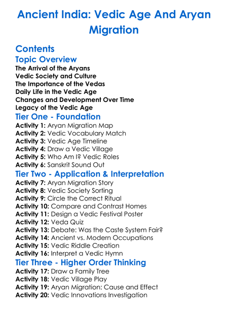 Ancient India Vedic Age And Aryan Migration Worksheet Activity Booklet