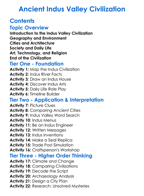 Ancient Indus Valley Civilization Worksheet Activity Booklet