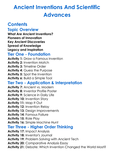 Ancient Inventions And Scientific Advances Worksheet Activity Booklet