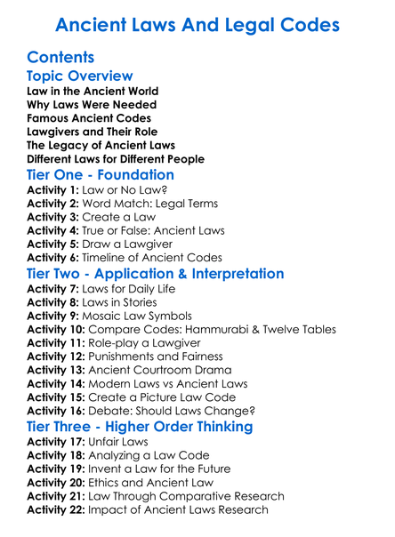 Ancient Laws And Legal Codes Worksheet Activity Booklet