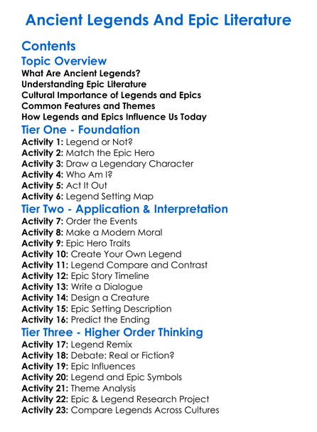 Ancient Legends And Epic Literature Worksheet Activity Booklet
