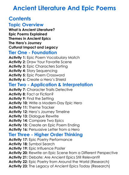 Ancient Literature And Epic Poems Worksheet Activity Booklet