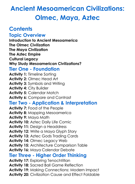 Ancient Mesoamerican Civilizations Olmec Maya Aztec Worksheet Activity Booklet