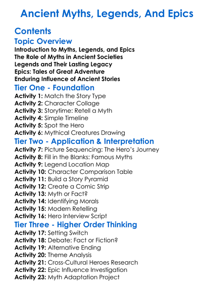 Ancient Myths Legends And Epics Worksheet Activity Booklet