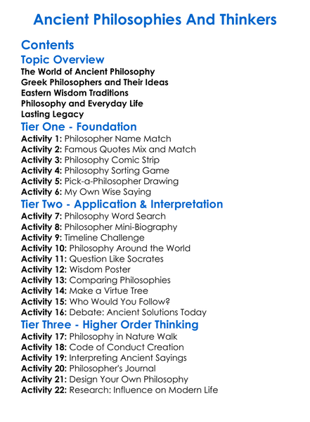 Ancient Philosophies And Thinkers Worksheet Activity Booklet
