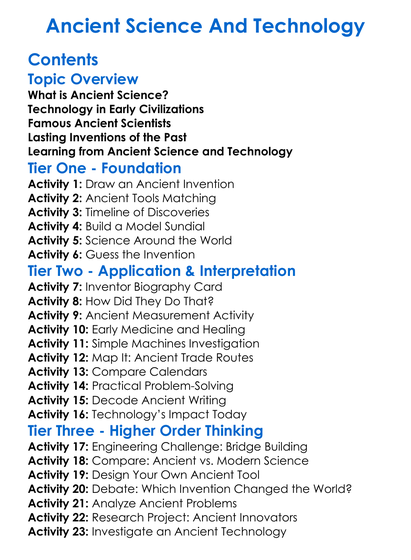 Ancient Science And Technology Worksheet Activity Booklet