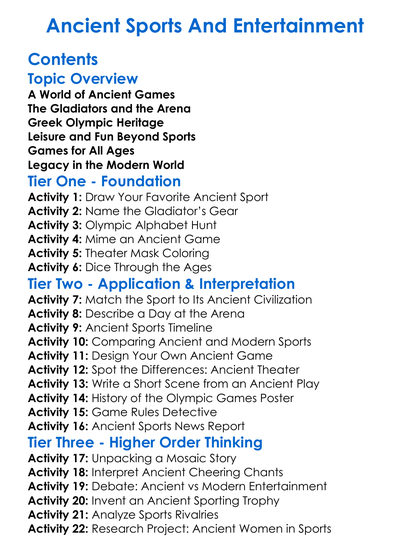Ancient Sports And Entertainment Worksheet Activity Booklet