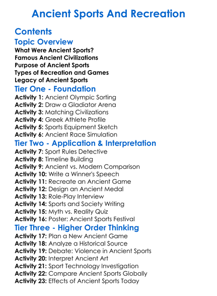 Ancient Sports And Recreation Worksheet Activity Booklet