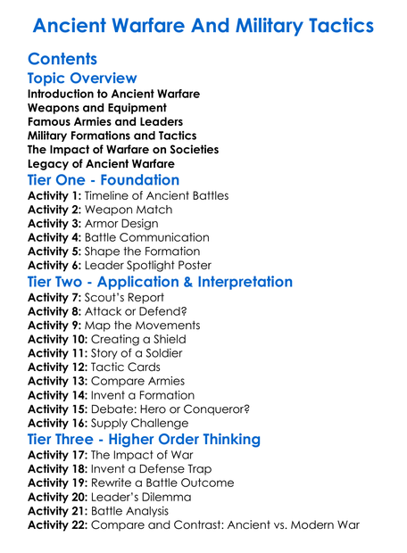 Ancient Warfare And Military Tactics Worksheet Activity Booklet
